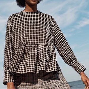Madewell windowpane check button back peplum top.